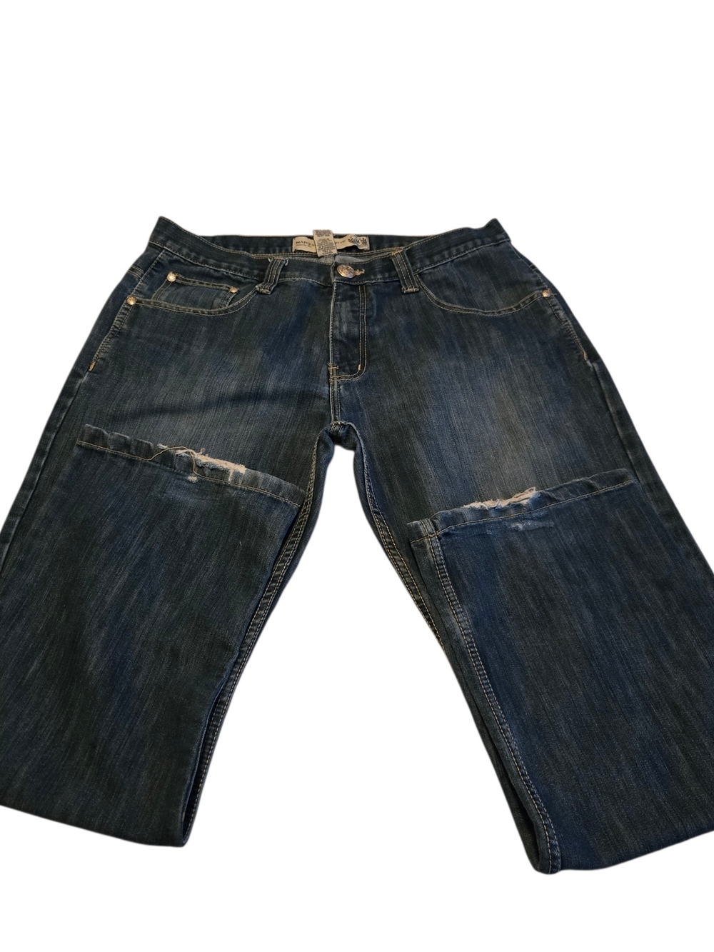 Men's Dark Blue Distressed Knee Patch Jeans